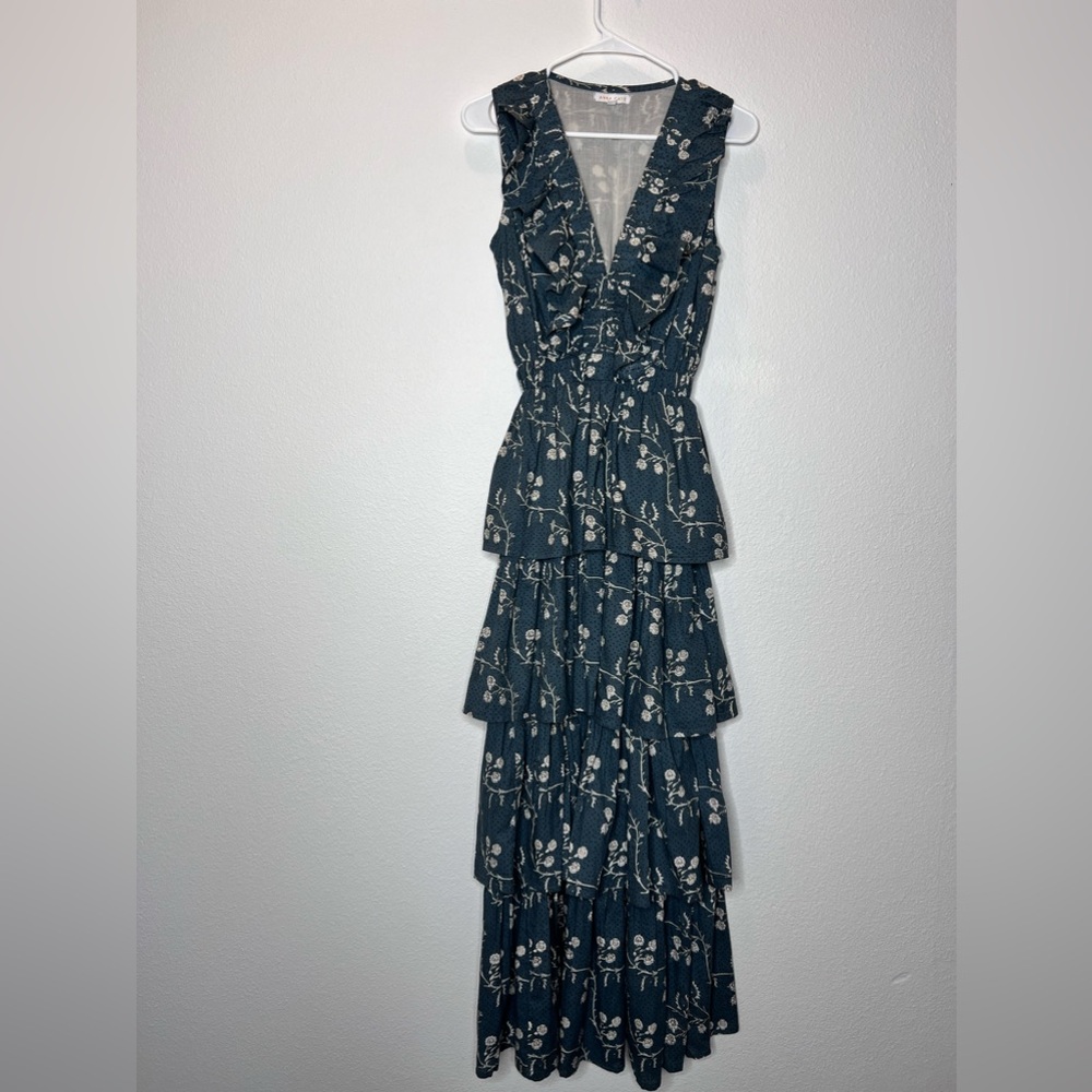 ANNA CATE Charlotte Floral Ruffle Tiered Maxi Dress Sz S  Sleeveless V Neck